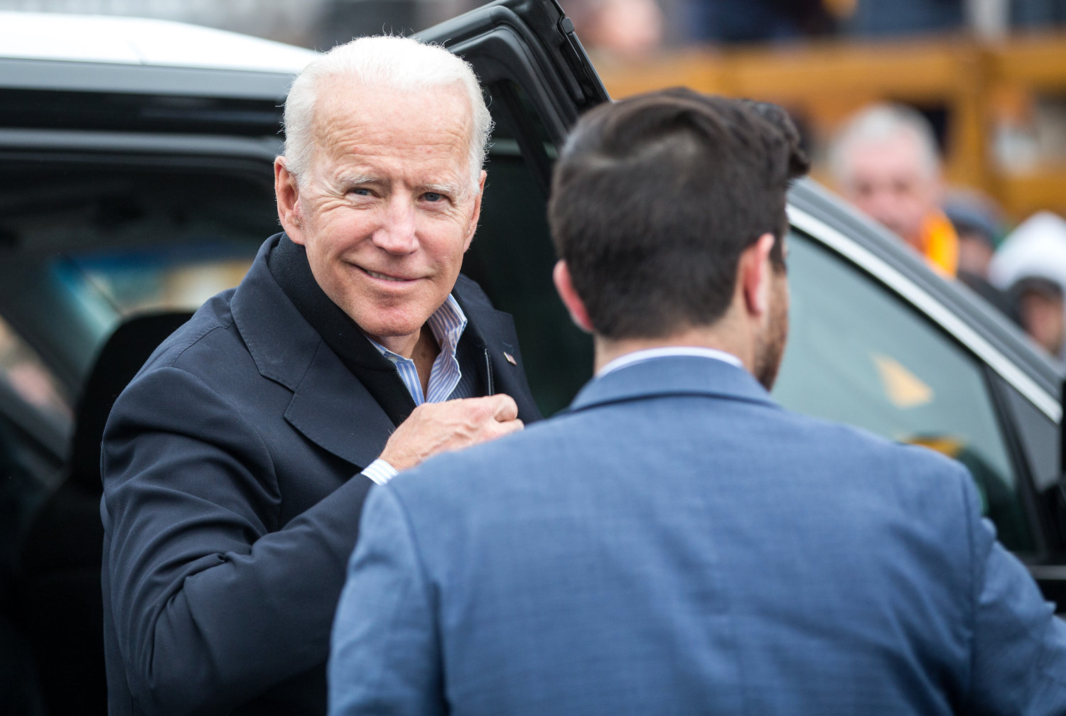 Former Vice President Joe Biden arrives in front of a Stop & Shop in support of striking union workers on April 18, in Dorchester, Massachusetts.